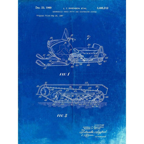 PP1046-Faded Blueprint Snow Mobile Patent Poster White Modern Wood Framed Art Print by Borders, Cole