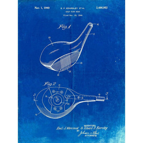 PP1050-Faded Blueprint Spalding Golf Driver Patent Poster White Modern Wood Framed Art Print by Borders, Cole