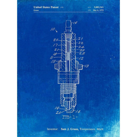 PP1051-Faded Blueprint Spark Plug Patent Poster Black Modern Wood Framed Art Print with Double Matting by Borders, Cole