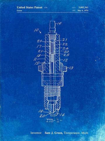 PP1051-Faded Blueprint Spark Plug Patent Poster White Modern Wood Framed Art Print with Double Matting by Borders, Cole