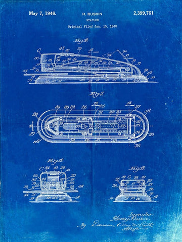 PP1052-Faded Blueprint Stapler Patent Poster White Modern Wood Framed Art Print with Double Matting by Borders, Cole