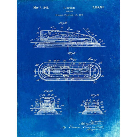 PP1052-Faded Blueprint Stapler Patent Poster White Modern Wood Framed Art Print by Borders, Cole