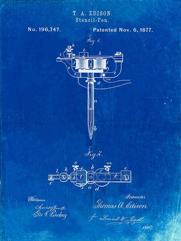 PP1065-Faded Blueprint Stencil Pen Patent Art White Modern Wood Framed Art Print with Double Matting by Borders, Cole