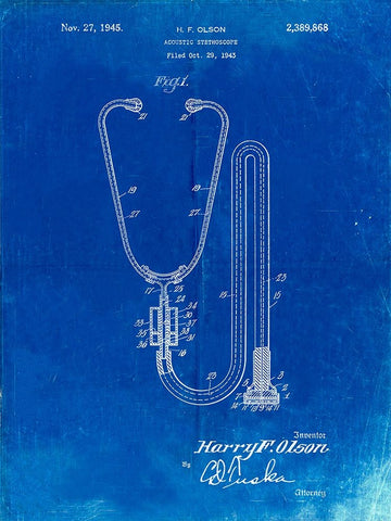PP1066-Faded Blueprint Stethoscope Patent Poster White Modern Wood Framed Art Print with Double Matting by Borders, Cole