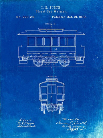 PP1069-Faded Blueprint Streetcar Patent Poster White Modern Wood Framed Art Print with Double Matting by Borders, Cole