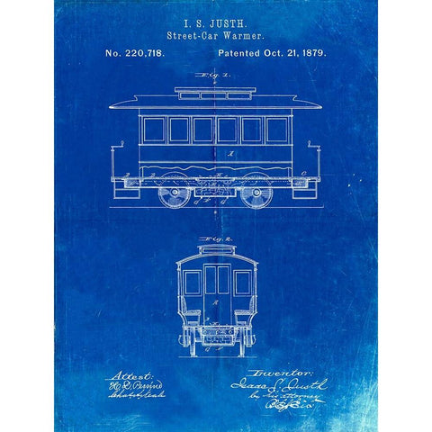 PP1069-Faded Blueprint Streetcar Patent Poster Gold Ornate Wood Framed Art Print with Double Matting by Borders, Cole