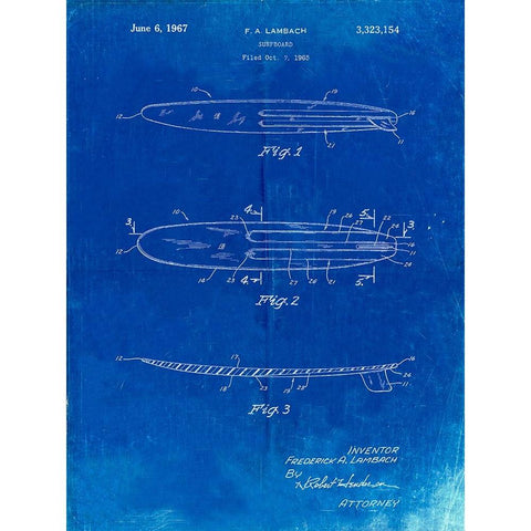 PP1073-Faded Blueprint Surfboard 1965 Patent Poster White Modern Wood Framed Art Print by Borders, Cole