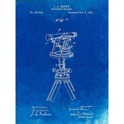 PP1075-Faded Blueprint Surveyor s Transit White Modern Wood Framed Art Print by Borders, Cole