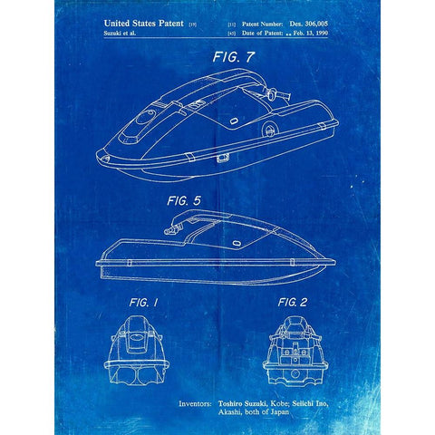 PP1077-Faded Blueprint Suzuki Wave Runner Patent Poster White Modern Wood Framed Art Print by Borders, Cole