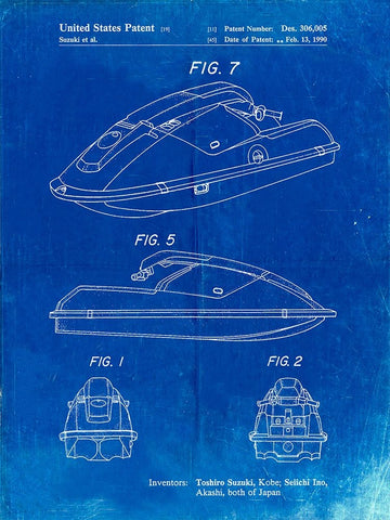 PP1077-Faded Blueprint Suzuki Wave Runner Patent Poster White Modern Wood Framed Art Print with Double Matting by Borders, Cole