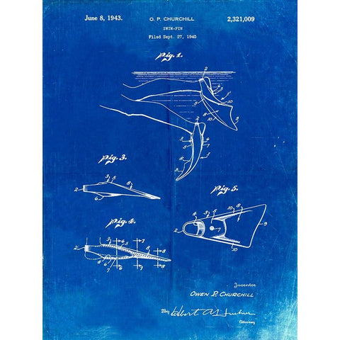 PP1079-Faded Blueprint Swim Fins Patent Poster White Modern Wood Framed Art Print by Borders, Cole