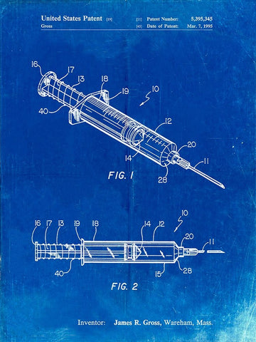 PP1080-Faded Blueprint Syringe Patent Poster Black Ornate Wood Framed Art Print with Double Matting by Borders, Cole