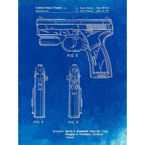 PP1081-Faded Blueprint T 1000 Laser Pistol Patent Poster White Modern Wood Framed Art Print by Borders, Cole