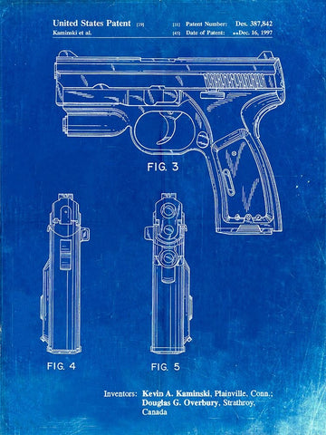 PP1081-Faded Blueprint T 1000 Laser Pistol Patent Poster White Modern Wood Framed Art Print with Double Matting by Borders, Cole