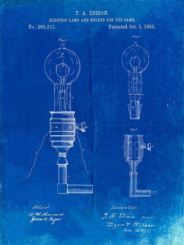 PP1082-Faded Blueprint T. A. Edison Light Bulb and Holder Patent Art White Modern Wood Framed Art Print with Double Matting by Borders, Cole