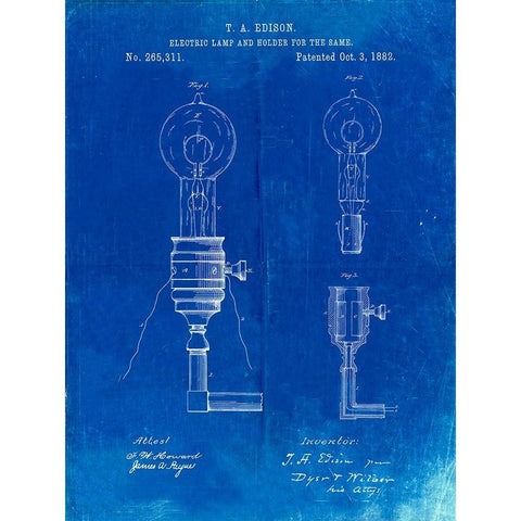 PP1082-Faded Blueprint T. A. Edison Light Bulb and Holder Patent Art Gold Ornate Wood Framed Art Print with Double Matting by Borders, Cole