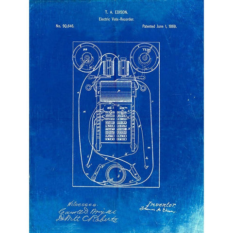 PP1083-Faded Blueprint T. A. Edison Vote Recorder Patent Poster Black Modern Wood Framed Art Print by Borders, Cole