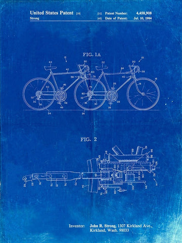 PP1084-Faded Blueprint Tandem Bicycle Patent Poster White Modern Wood Framed Art Print with Double Matting by Borders, Cole