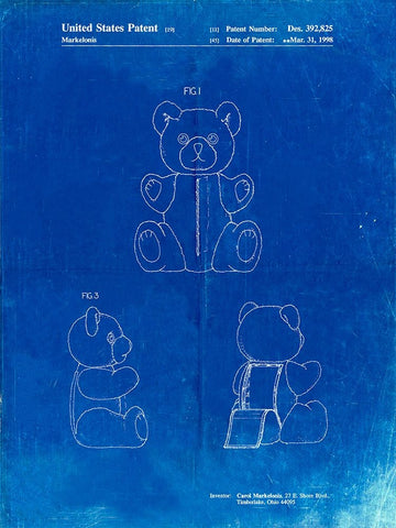 PP1085-Faded Blueprint Teddy Bear Poster White Modern Wood Framed Art Print with Double Matting by Borders, Cole