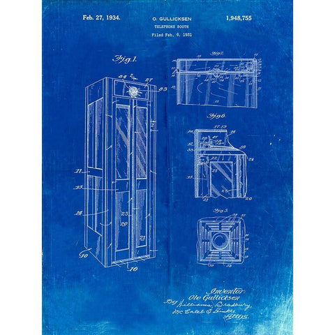 PP1088-Faded Blueprint Telephone Booth Patent Poster Gold Ornate Wood Framed Art Print with Double Matting by Borders, Cole