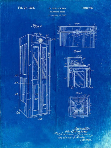 PP1088-Faded Blueprint Telephone Booth Patent Poster White Modern Wood Framed Art Print with Double Matting by Borders, Cole