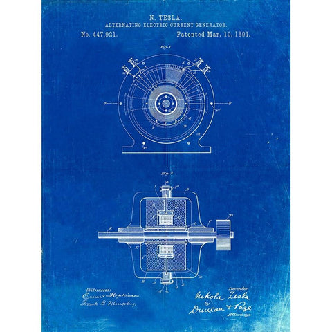 PP1090-Faded Blueprint Tesla Alternating Current Generator Poster Black Modern Wood Framed Art Print by Borders, Cole