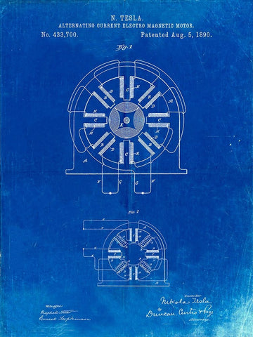 PP1092-Faded Blueprint Tesla Coil Patent Poster White Modern Wood Framed Art Print with Double Matting by Borders, Cole