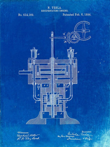 PP1094-Faded Blueprint Tesla Reciprocating Engine Poster White Modern Wood Framed Art Print with Double Matting by Borders, Cole