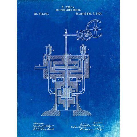 PP1094-Faded Blueprint Tesla Reciprocating Engine Poster Black Modern Wood Framed Art Print by Borders, Cole