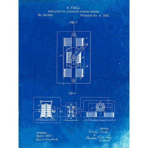 PP1095-Faded Blueprint Tesla Regulator for Alternate Current Motor Patent Poster Black Modern Wood Framed Art Print with Double Matting by Borders, Cole
