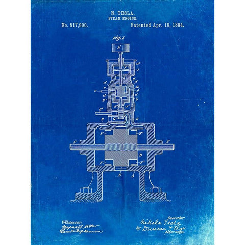 PP1096-Faded Blueprint Tesla Steam Engine Patent Poster Black Modern Wood Framed Art Print by Borders, Cole