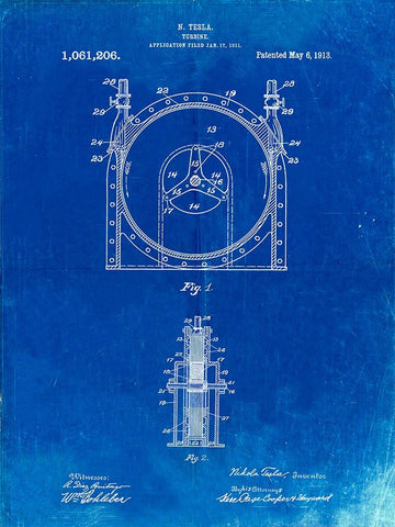 PP1097-Faded Blueprint Tesla Turbine Patent Poster Black Ornate Wood Framed Art Print with Double Matting by Borders, Cole