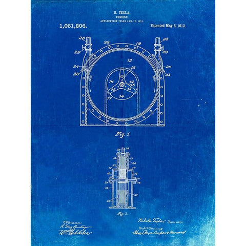 PP1097-Faded Blueprint Tesla Turbine Patent Poster Black Modern Wood Framed Art Print with Double Matting by Borders, Cole