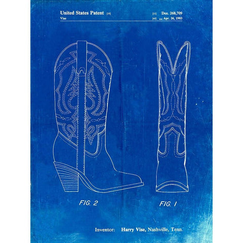 PP1098-Faded Blueprint Texas Boot Company 1983 Cowboy Boots Patent Poster White Modern Wood Framed Art Print by Borders, Cole