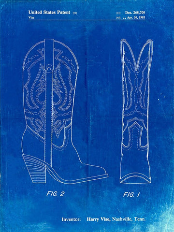 PP1098-Faded Blueprint Texas Boot Company 1983 Cowboy Boots Patent Poster Black Ornate Wood Framed Art Print with Double Matting by Borders, Cole