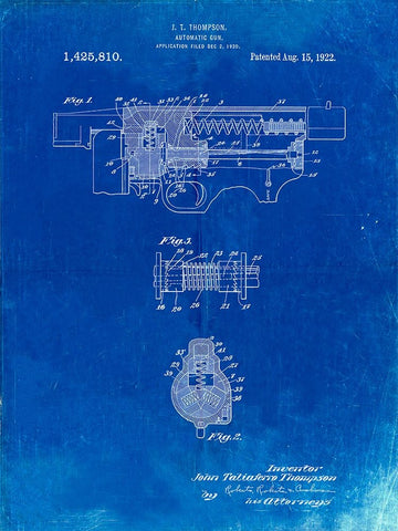 PP1099-Faded Blueprint Thompson Submachine Gun Patent Poster White Modern Wood Framed Art Print with Double Matting by Borders, Cole