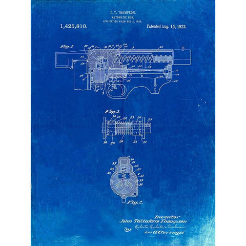 PP1099-Faded Blueprint Thompson Submachine Gun Patent Poster White Modern Wood Framed Art Print by Borders, Cole