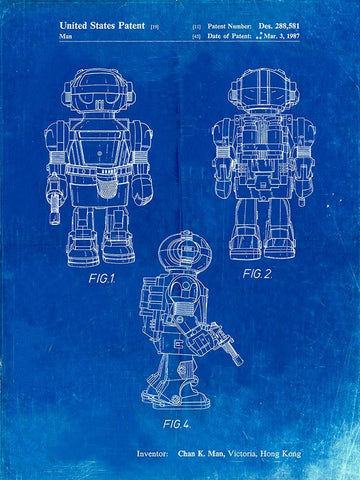 PP1101-Faded Blueprint Toby Talking Toy Robot Patent Poster White Modern Wood Framed Art Print with Double Matting by Borders, Cole