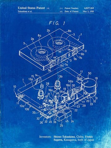 PP1104-Faded Blueprint Toshiba Cassette Tape Recorder Patent Poster White Modern Wood Framed Art Print with Double Matting by Borders, Cole