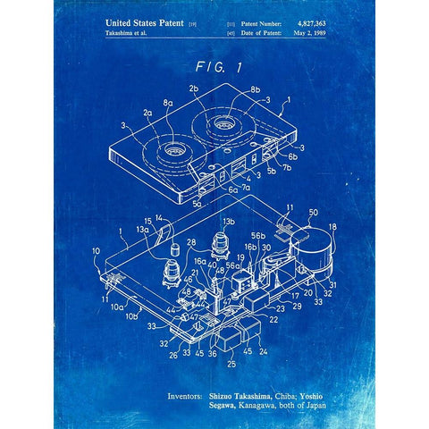 PP1104-Faded Blueprint Toshiba Cassette Tape Recorder Patent Poster Black Modern Wood Framed Art Print by Borders, Cole