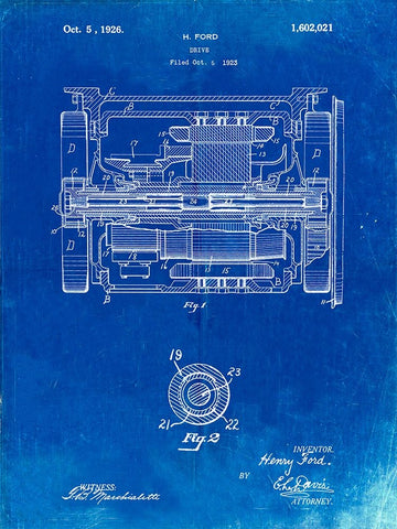 PP1110-Faded Blueprint Train Transmission Patent Poster Black Ornate Wood Framed Art Print with Double Matting by Borders, Cole