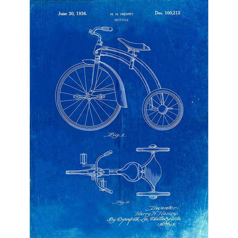 PP1114-Faded Blueprint Tricycle Patent Poster Black Modern Wood Framed Art Print with Double Matting by Borders, Cole
