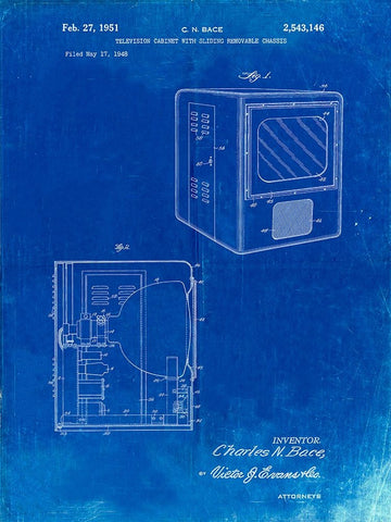 PP1115-Faded Blueprint Tube Television Patent Poster Black Ornate Wood Framed Art Print with Double Matting by Borders, Cole
