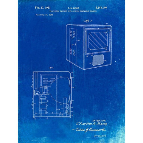 PP1115-Faded Blueprint Tube Television Patent Poster Black Modern Wood Framed Art Print by Borders, Cole