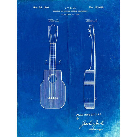 PP1117-Faded Blueprint Ukulele Patent Poster White Modern Wood Framed Art Print by Borders, Cole