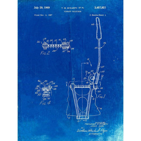 PP1122-Faded Blueprint Vibrato Tailpiece Patent Wall Art Poster White Modern Wood Framed Art Print by Borders, Cole