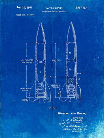 PP1129-Faded Blueprint Von Braun Rocket Missile Patent Poster Black Ornate Wood Framed Art Print with Double Matting by Borders, Cole