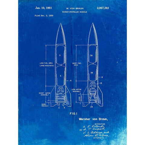 PP1129-Faded Blueprint Von Braun Rocket Missile Patent Poster Black Modern Wood Framed Art Print with Double Matting by Borders, Cole