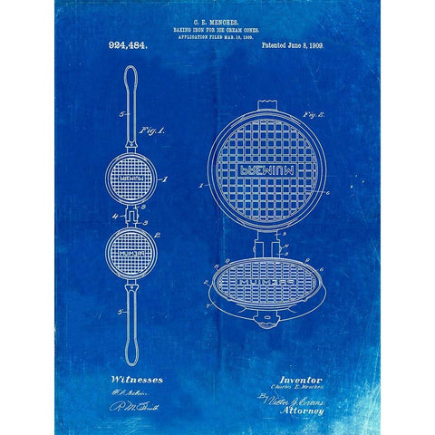 PP1130-Faded Blueprint Waffle Iron for Ice Cream Cones 1909 Patent Poster White Modern Wood Framed Art Print by Borders, Cole