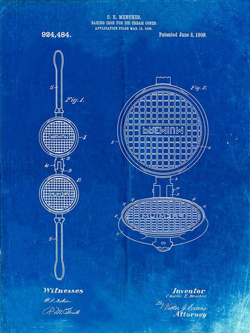 PP1130-Faded Blueprint Waffle Iron for Ice Cream Cones 1909 Patent Poster White Modern Wood Framed Art Print with Double Matting by Borders, Cole